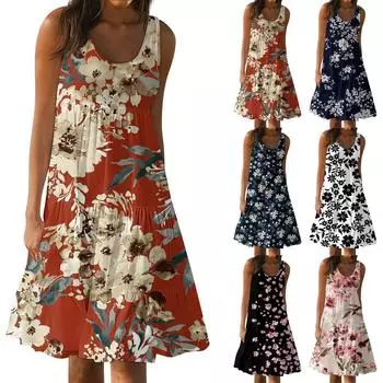 Женские летние весенние плиссированные богемные платья, милые струящиеся пляжные платья без рукавов, прямая футболка, платья-майки, платья с круглым вырезом L чёрный