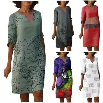 Женские летние винтажные платья с цветочным принтом и v-образным вырезом и половиной рукавов L
