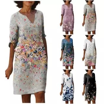 Женские летние винтажные платья с цветочным принтом и v-образным вырезом до половины рукава, платья XXL