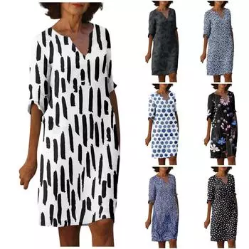 Женские летние винтажные платья с v-образным вырезом и половиной рукавов L чёрный