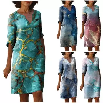 Женские летние винтажные платья с v-образным вырезом и половиной рукавов с буквенным принтом, платья XXXL синий