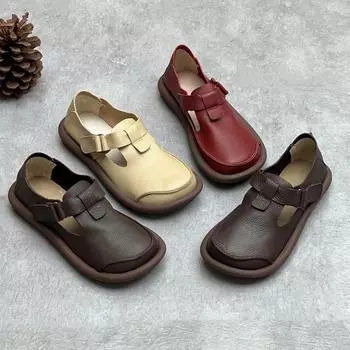 Женские летние винтажные повседневные туфли ручной работы из кожи с круглым носком на плоской подошве 35 кофейный