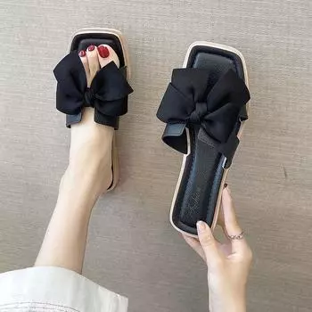 Женские летние внешние тапочки с плоской подошвой и галстуком-бабочкой, нескользящие пляжные шлепанцы 40-41 чёрный