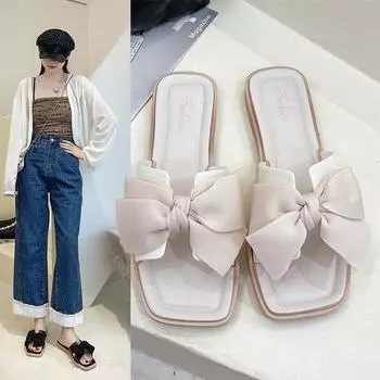 Женские летние внешние тапочки с плоской подошвой и галстуком-бабочкой, нескользящие пляжные шлепанцы 36-37 чёрный