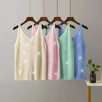 Женские летние вязаные подтяжки из ледяного шелка с яркой нитью и кристаллами с v-образным вырезом, сплошной цвет, облегающий сексуальный топ на бретелях OneSize белый