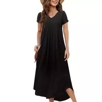 Женские летние вязаные свободные длинные платья с v-образным вырезом и короткими рукавами S чёрный