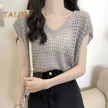 Женские летние вязаные топы с v-образным вырезом и коротким рукавом, однотонные, открытые, прозрачные пуловеры, топы с солнцезащитным кремом, уличная одежда белый