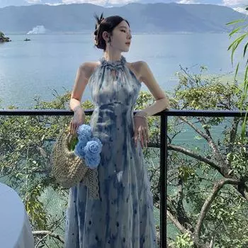 Женские летние вышивки винтажные висячие шифоновые платья с цветочным принтом S синий