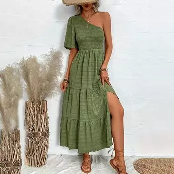 Женские летние жаккардовые длинные платья с наклонным вырезом и разрезом, однотонные длинные платья S зелёный