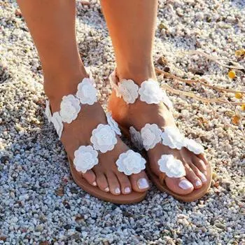 Женские летние женские модные сандалии большого размера на плоской подошве с фиксированным носком и цветочным принтом