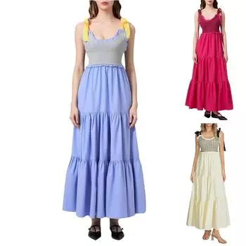 Женские летние жилеты с цветными блоками Платья-халат без рукавов на тонких бретельках А-силуэта L бежевый