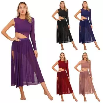 Женские лирические танцевальные костюмы без рукавов, сетчатое тюлевое струящееся длинное платье макси, современная танцевальная одежда S фиолетовый