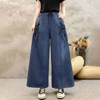 Женские литературные ретро вышитые джинсовые брюки с широкими штанинами весна-осень больших размеров свободные универсальные стройнящие мешковатые длинные брюки M