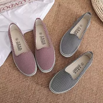 Женские лоферы без шнуровки с низким берцем в клетку, модные легкие повседневные парусиновые кроссовки для женщин, удобные дышащие прогулочные парусиновые туфли 35