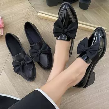 Женские лоферы, декорированные бантом, туфли на высоком каблуке с острым носком для женщин, повседневная повседневная обувь из лакированной искусственной кожи 35