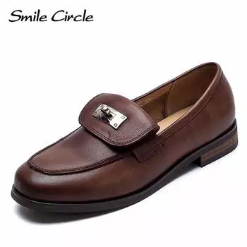 Женские лоферы из натуральной кожи без шнуровки, туфли на плоской подошве с металлической пряжкой, модная повседневная обувь в стиле ретро 35 коричневый