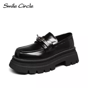 Женские лоферы из натуральной кожи на массивном каблуке, модные туфли без шнуровки на платформе, повседневные женские туфли с круглым носком на толстой подошве 35 чёрный