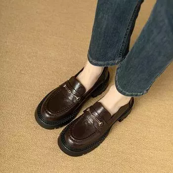 Женские лоферы из натуральной кожи с толстой подошвой и круглым носком 2024 года — ретро-британский стиль, толстый каблук, весна и осень. 35 коричневый