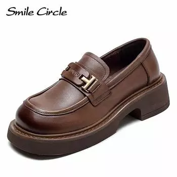 Женские лоферы из натуральной кожи, туфли на плоской подошве с металлической пряжкой и толстой подошвой, модная повседневная обувь в стиле ретро 35 коричневый