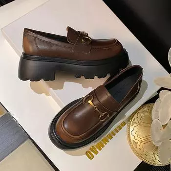 Женские лоферы из натуральной кожи, туфли-лодочки с металлической пряжкой, повседневная кожаная обувь на платформе 35