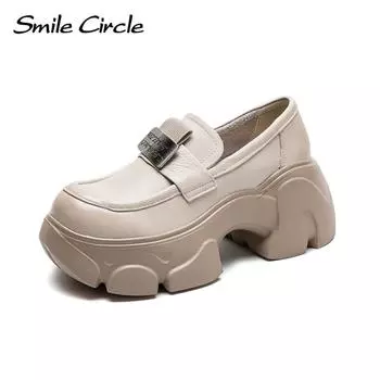 Женские лоферы из натуральной кожи увеличенной высоты с толстой подошвой, модная повседневная обувь Мэри Джейн в стиле ретро 34 бежевый