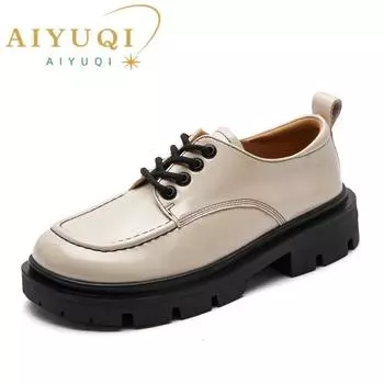 Женские лоферы из натуральной кожи, весенняя женская обувь на массивной шнуровке, обувь в британском стиле с круглым носком, женская обувь на платформе