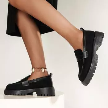 Женские лоферы на платформе в британском стиле, коллекция 2024 года, женские туфли на одной платформе с круглым носком, женские замшевые кожаные туфли на толстой подошве, женские туфли Mujer, большой размер 43 40 чёрный