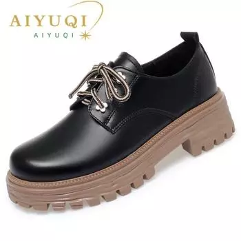 Женские лоферы на платформе, женская весенняя обувь из натуральной кожи на шнуровке, женская обувь на толстой подошве в британском стиле 35