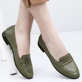 Женские лоферы на плоской подошве цвета хаки под старину из натуральной кожи с круглым носком на плоской подошве