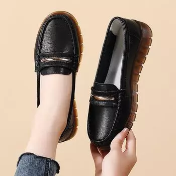 Женские туфли на плоской подошве, кожаные мокасины для вождения, удобные туфли на плоской подошве, повседневные, без застежек, для ходьбы, летние, дышащие туфли EU:35 чёрный