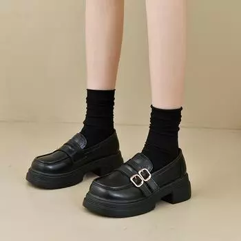 Женские лоферы на толстой подошве, маленькие кожаные туфли в британском стиле с пряжкой на ремне, повседневные одинарные туфли 35 чёрный