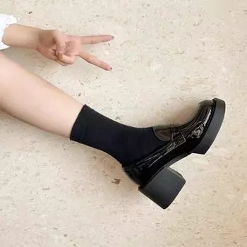 Женские лоферы на высоком квадратном каблуке, весна 2024, лакированные кожаные туфли-лодочки на массивной платформе, женские черные туфли без шнуровки Jk, форменная обувь Мэри Джейн 35