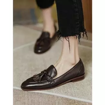 Женские лоферы с квадратной головкой в стиле ретро в британском стиле, лето 2024, новый стиль, удобные одинарные туфли с кисточками, женские коричневые туфли 34 коричневый