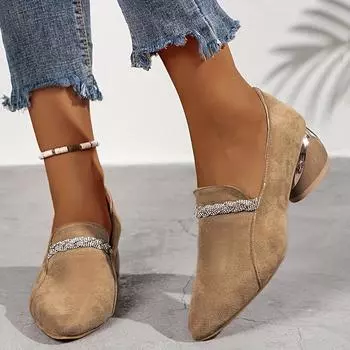 Женские лоферы с острым носком и кристаллами, повседневная обувь на среднем каблуке из массивной замши, новинка осени 2024 года, удобные туфли Zapatos Mujer 36 абрикосовый