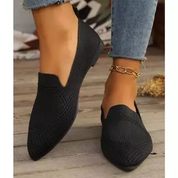 Женские лоферы с острым носком, однотонная сетчатая дышащая женская легкая повседневная обувь без шнуровки с неглубоким носком, женская обувь на плоской подошве 36 чёрный