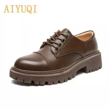 Женские лоферы, студенческая обувь из натуральной кожи на толстом каблуке, женские туфли-оксфорды на шнуровке в британском стиле, обувь