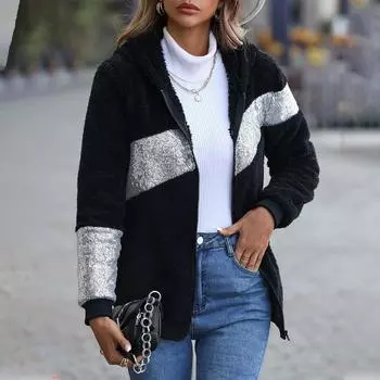 Женские лохматые пальто с капюшоном, яркая толстовка с цветными блоками, модная куртка с блестками, осенне-зимняя верхняя одежда на молнии L чёрный