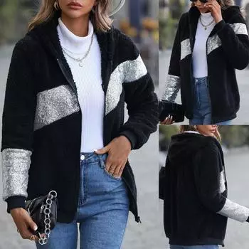 Женские лохматые пальто с капюшоном, яркая толстовка с цветными блоками, модная куртка с блестками, осенне-зимняя верхняя одежда на молнии L чёрный