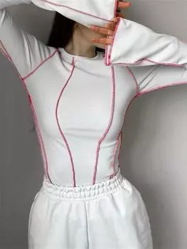 Женские лоскутные футболки, шикарные повседневные трикотажные футболки в рубчик с длинными расклешенными рукавами и круглым вырезом, весенне-осенний уличный топ S чёрный