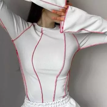 Женские лоскутные футболки, шикарные повседневные трикотажные футболки в рубчик с длинными расклешенными рукавами и круглым вырезом, весенне-осенний уличный топ S чёрный