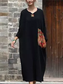 Женские лоскутные платья с цветочным принтом, хлопковые и льняные осенние халаты, свободный пуловер с длинными рукавами, женское платье