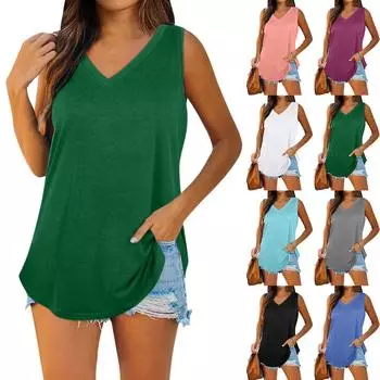 Женские майки больших размеров с V-образным вырезом, летние майки, свободные топы без рукавов XXXL зелёный