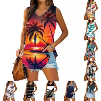 Женские майки больших размеров с V-образным вырезом, летние майки, свободные топы без рукавов L чёрный