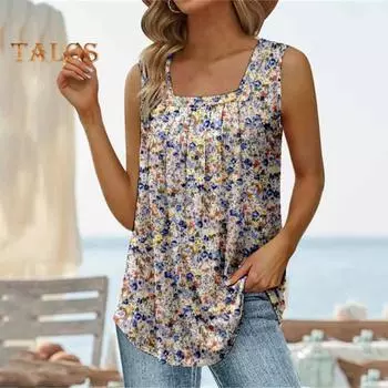 Женские майки, летний жилет без рукавов с квадратным вырезом и цветочным принтом, широкие бретели, свободный крой, летний топ M синий