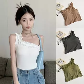 Женские майки однотонные диагональные тонкие сексуальные модные топы без рукавов на одно плечо