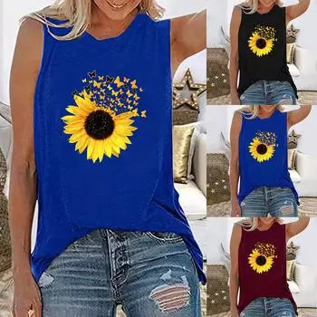 Женские майки, повседневные свободные футболки больших размеров с принтом подсолнечника L чёрный