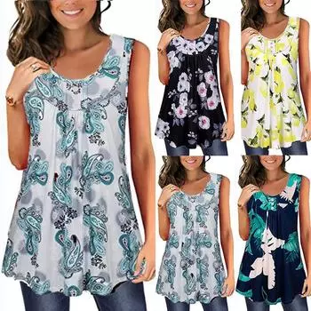 Женские майки с цветочным принтом, жилет без рукавов, летняя повседневная свободная футболка с камзолом