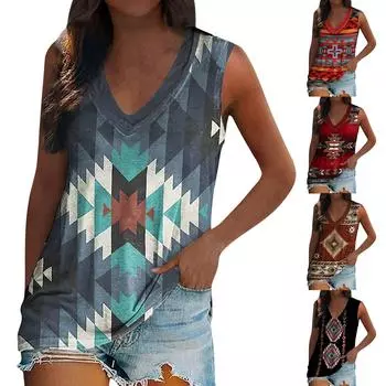 Женские майки с V-образным вырезом, мягкие, без рукавов, в стиле ретро, с геометрическим рисунком, в этническом стиле, в этническом стиле S чёрный