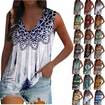 Женские майки с V-образным вырезом, мягкие, без рукавов, в стиле ретро, с геометрическим рисунком, в этническом стиле, в этническом стиле L коричневый