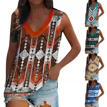 Женские майки с V-образным вырезом, мягкие, без рукавов, в стиле ретро, с геометрическим рисунком, в этническом стиле, в этническом стиле XXL
